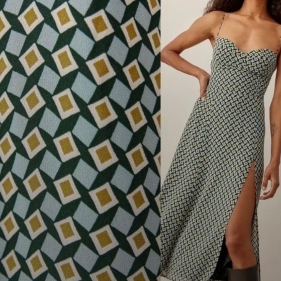 Reformation Green and Cream Midi Dress - Picture 2 of 4